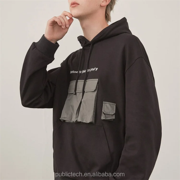 Custom 100% Cotton Draw String Kangaroo Pocket Embroidered Letter Logo Multi Pockets Cargo Color Blocked Men Hoodie