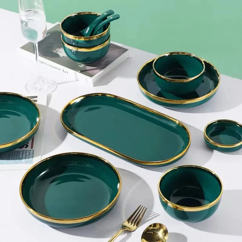 Shengjing Factory Elegant Green Glazed Gold Rim Restaurant Kitchen Ceramic Dinner Plate Ware Dishware Porcelain Dinnerware Set