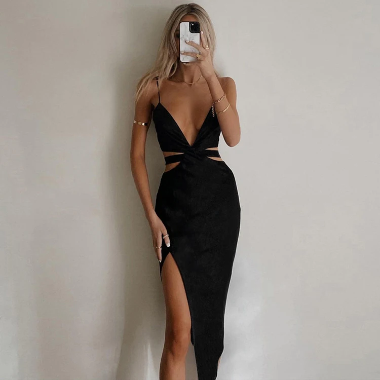 AW525 Chic Design 2022 Wholesale Sexy Hollow Out V Neck Vestidos Casual Backless Black Midi Dresses Women Elegant