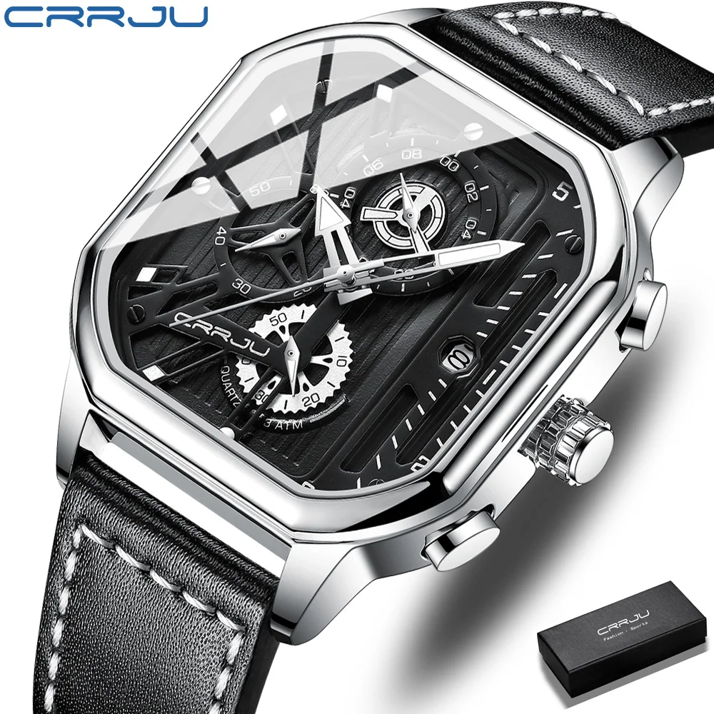 CRRJU 2022 new arrival  Design Luxury brand  Leather Wrist Band Waterproof Quartz Square Watch Relogio