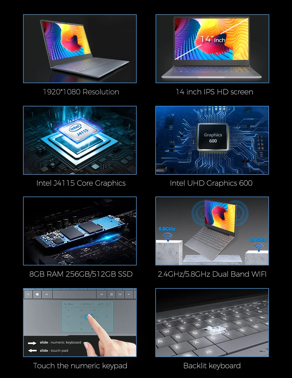 14 inch Intel J4115 Laptop Win 10 Quad Core DDR4 8GB Student Laptop Computer Slim Portable Laptop For Business Office Used PC