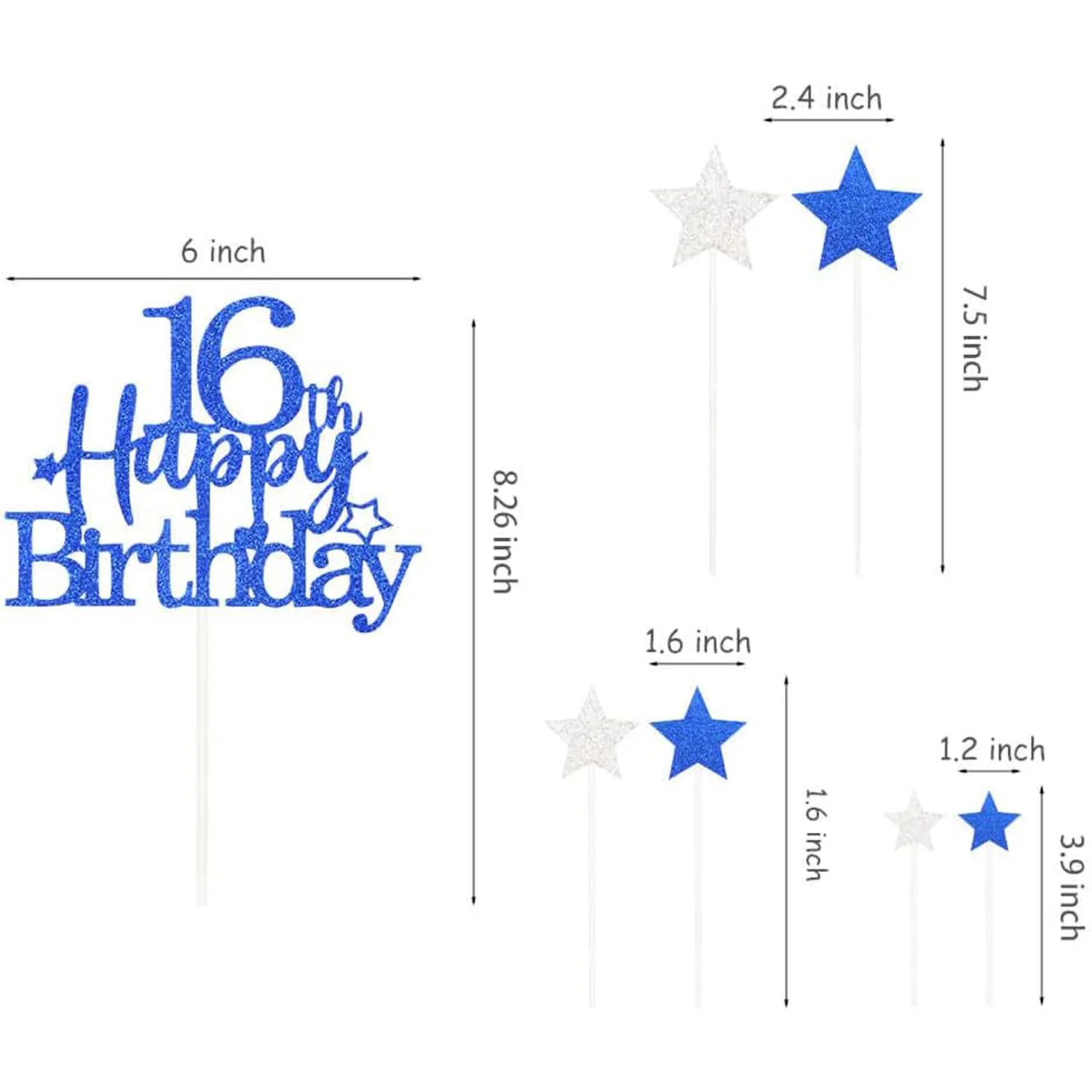 Happy Birthday Cake Decorations 16th Cake Topper Star Cupcake Toppers for Boys Girls 16th Birthday Party Supplies
