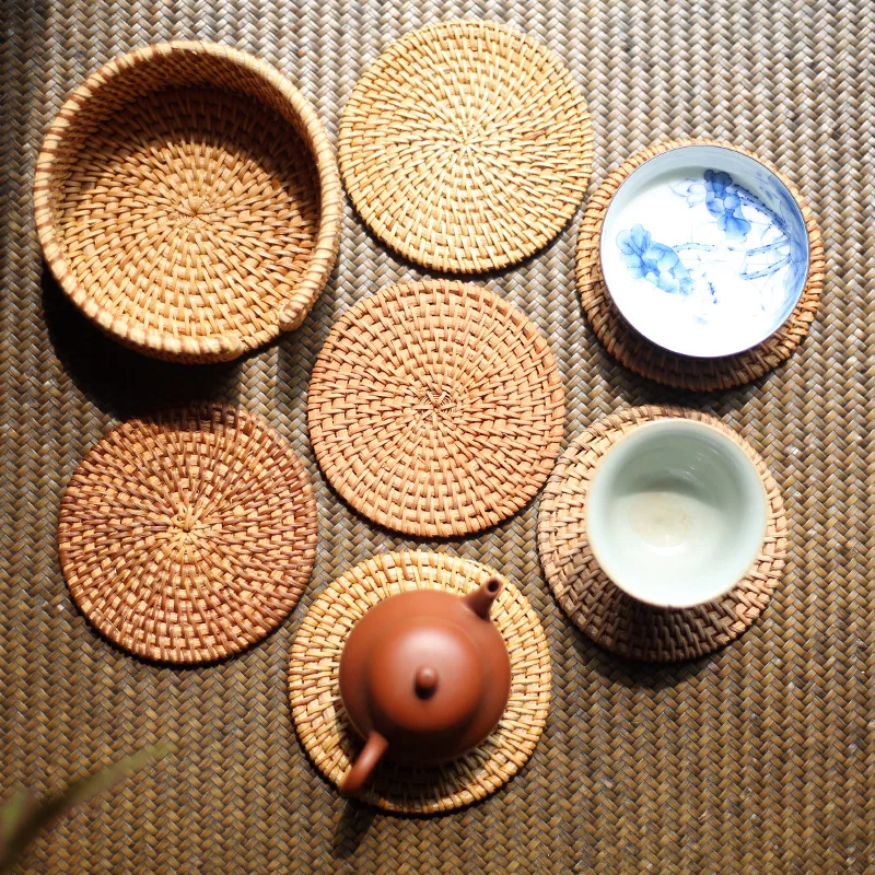 NEWELL Kitchen Accessories Cup Base Plates and Dishes Insulated Hot Pads Pot Holder Handwoven Natural Rattan Coaster Set