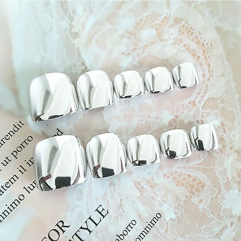 Silver Color Private Label Toenails Kit Chrome Design Artificial Nail Wholesale Soft Gel Press On Toe Nails Set