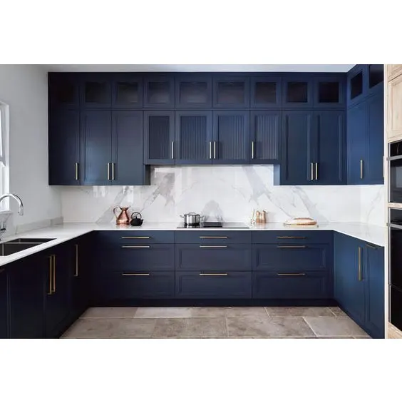 Navy Modern kitchen design cabinet Matte Finished Lacquer Shaker Kitchen Cabinet with Artificial Quartz Island