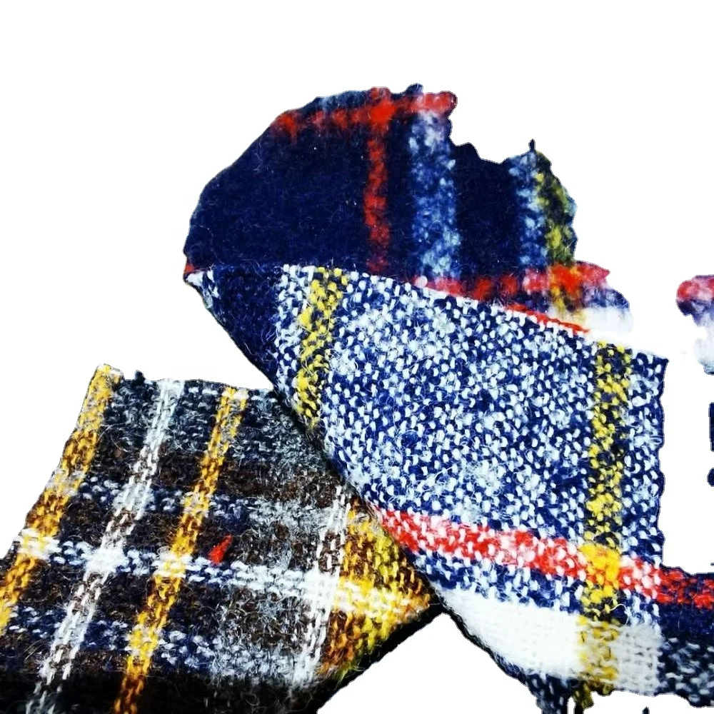 HOT SALE WOOL POLY BRUSHED  mohair LOOKING PLAID woolen fabrics for winter coat