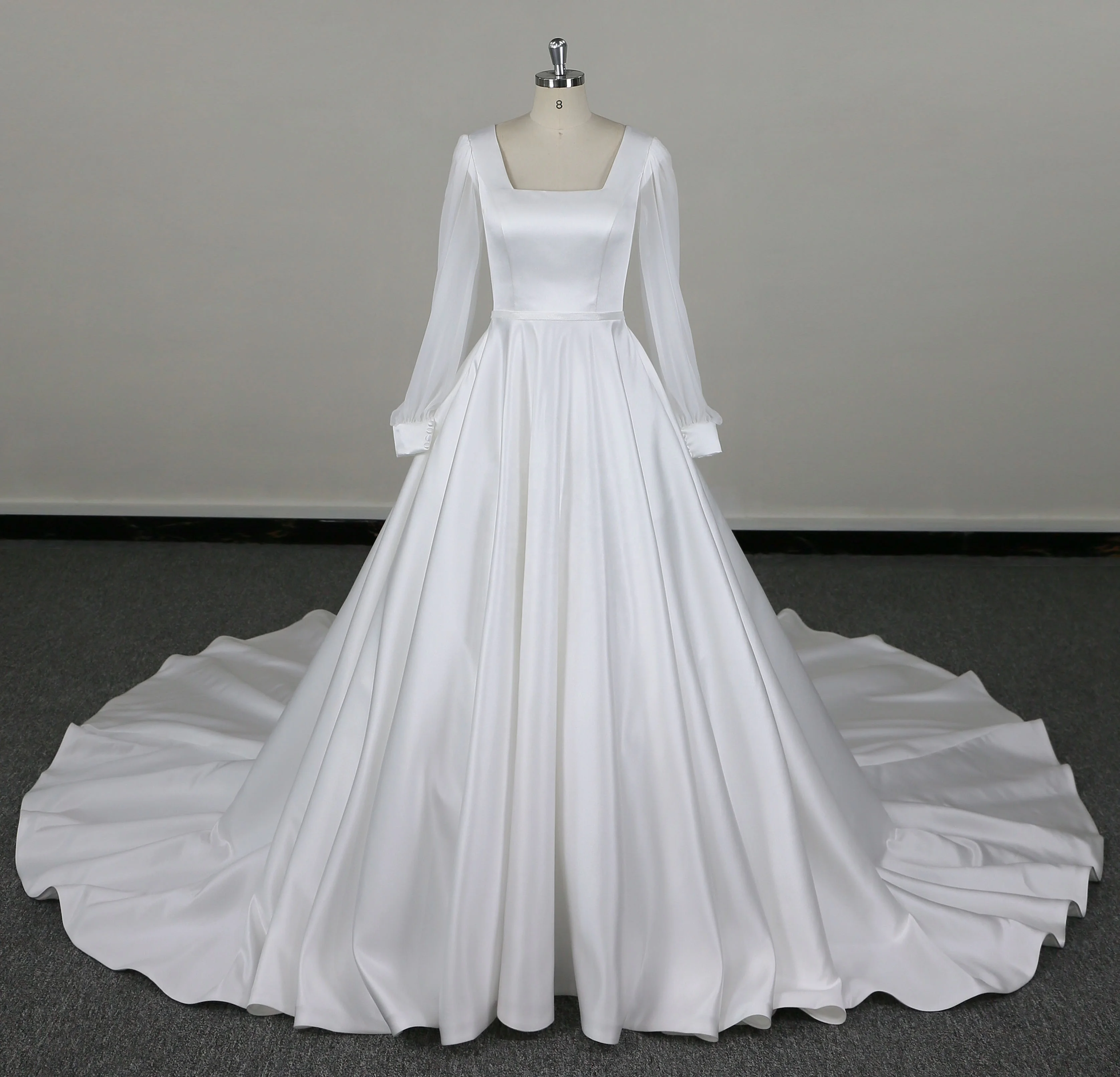 2024 duchess satin big A line with silky chiffon long sleeve long train Bridal Gowns Wedding Dresses