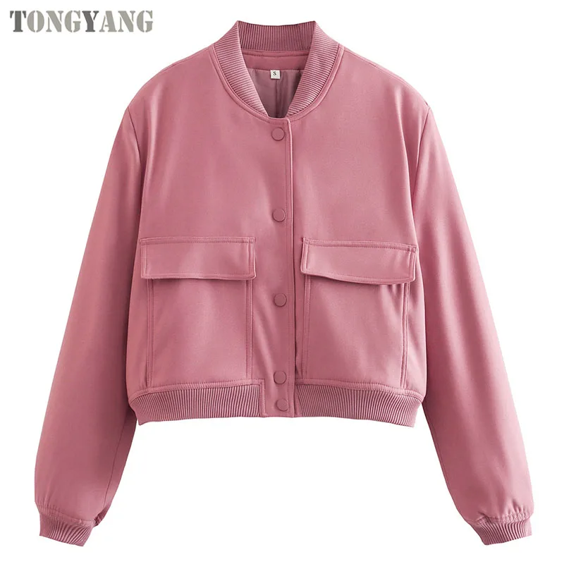 TONGYANG Women Fashion With Pockets Bomber Jacket Coats Vintage Long Sleeve Front Button Casual Female Outerwear Chic Tops