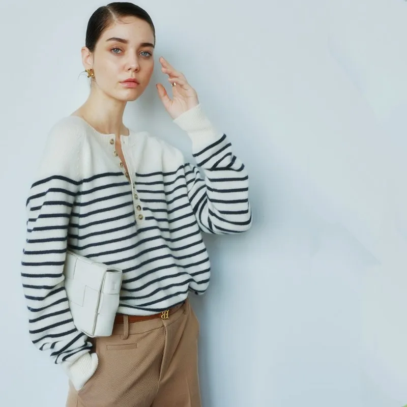 Autumn Winter French Style Casual Striped Regular Sleeve Knitted Pullover Woman Sweater