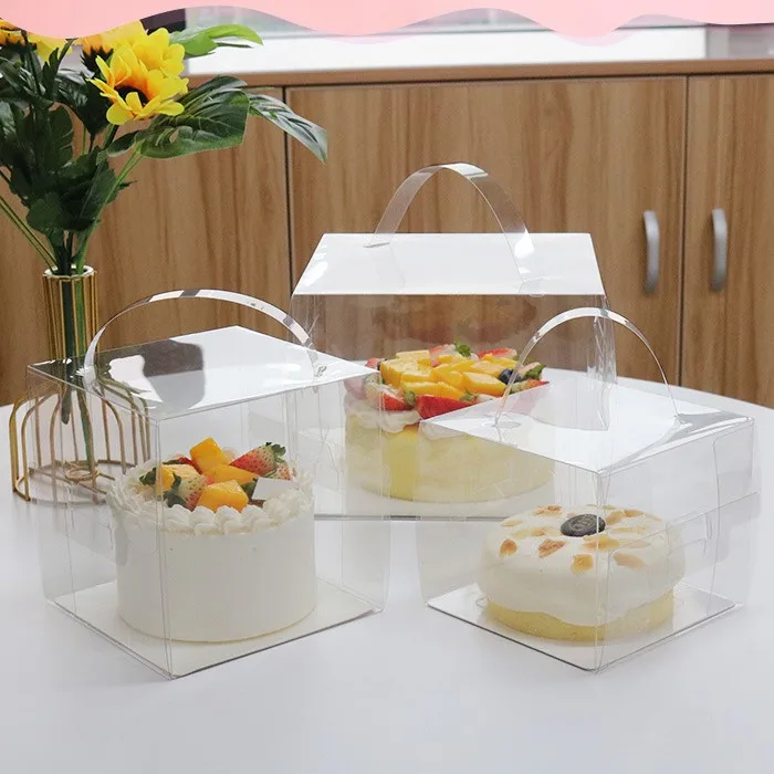 2 - 8 Inch Mini Dessert Package Container High Clear Plastic Cake Box With Handle And White Paper Plate