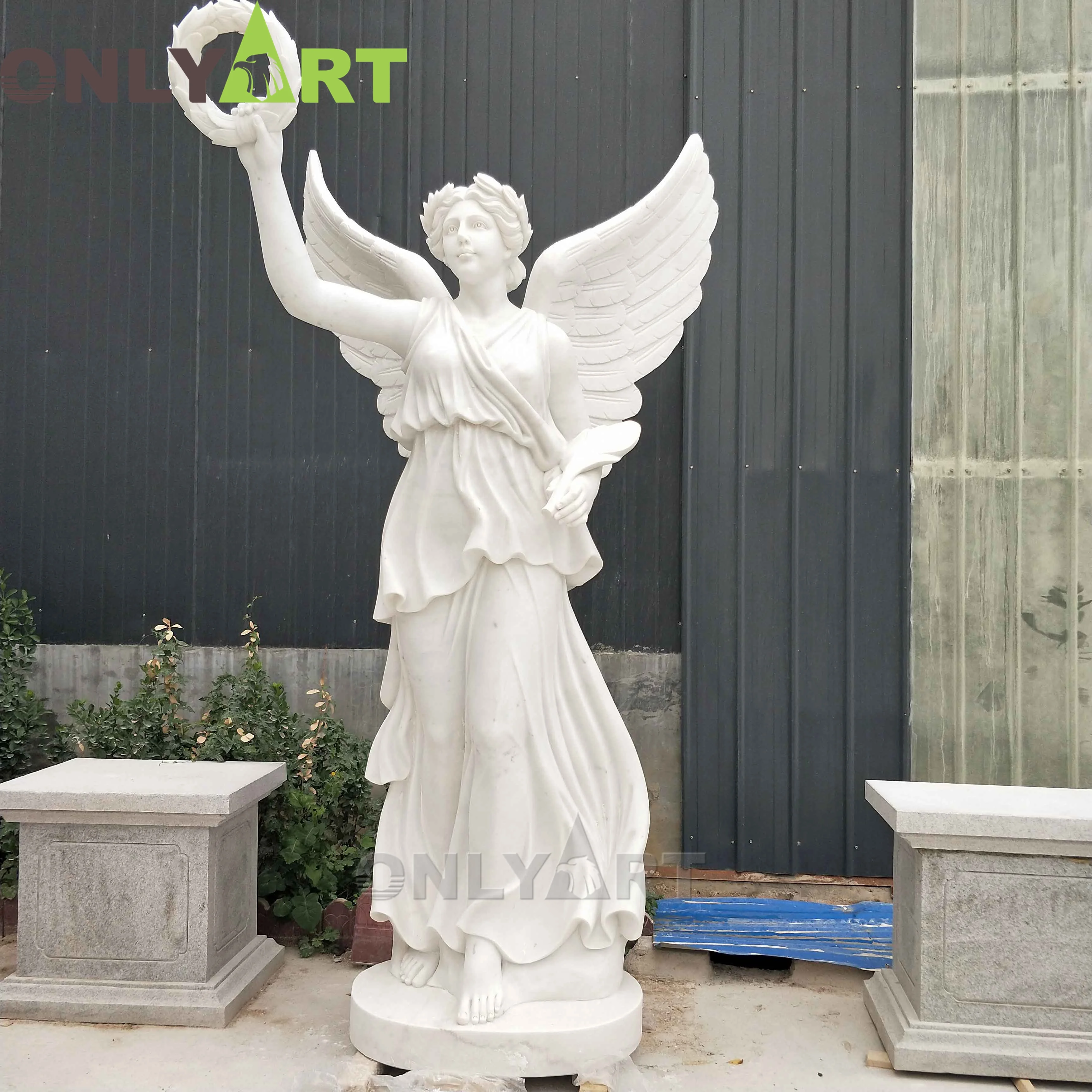 Outdoor Garden Hand Carved Natural Life Size Stone White Marble Male Angel Sculpture With Wings