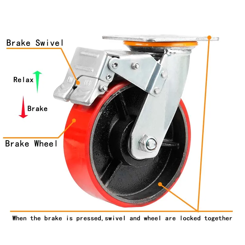 6 8 10inch Heavy duty mute Durable iron core  red polyurethane PU Rigid Swivel caster wheel with brake