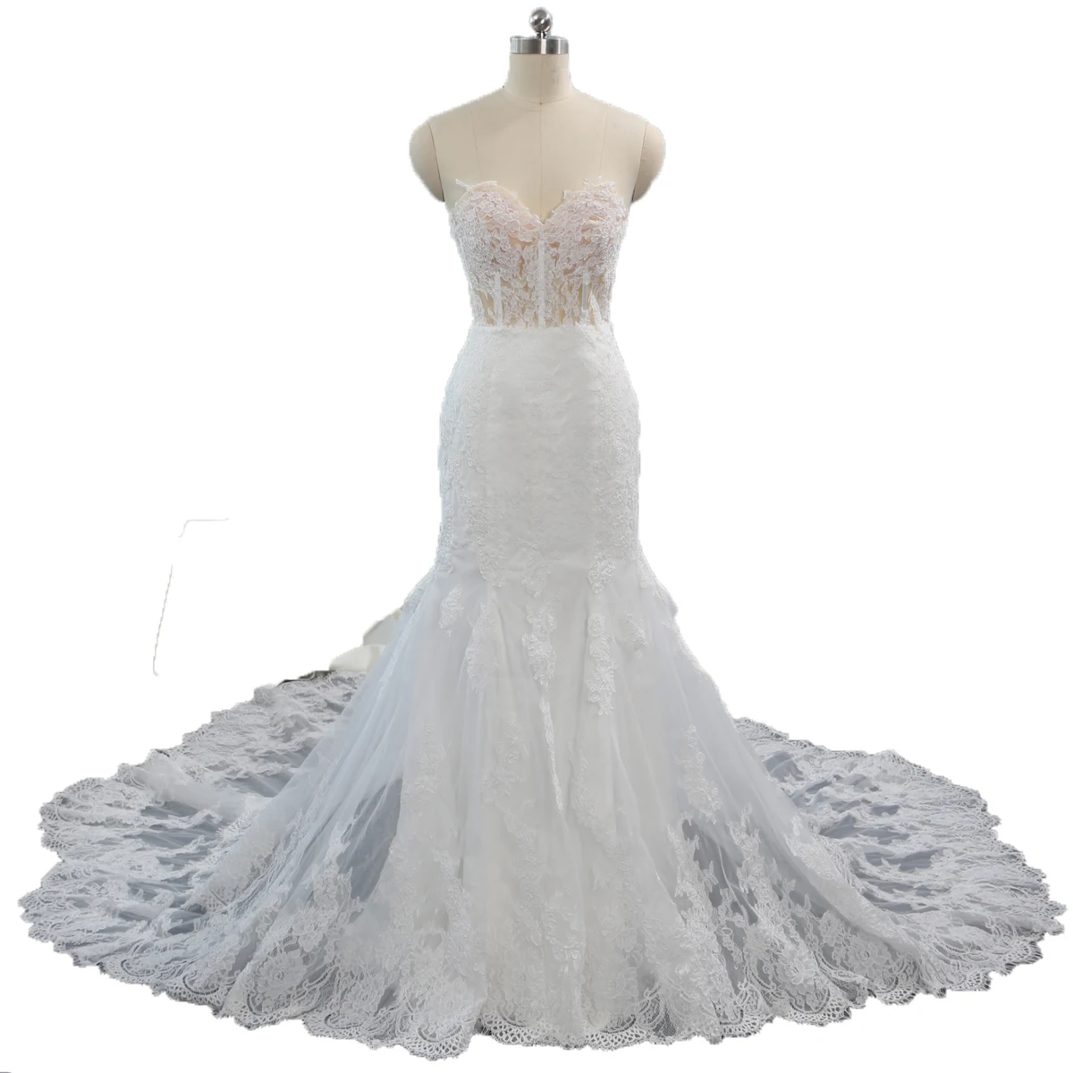 Seen through skin color bodice cathedral double layer lace royal long train ivory mermaid wedding gowns