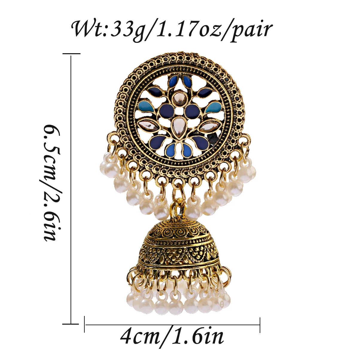 Women Boho Vintage Antique Gypsy Tribal Indian Oxidized White Pearl Drop Flower Gemstone Jhumka Jhumki Earrings Set Jewelry