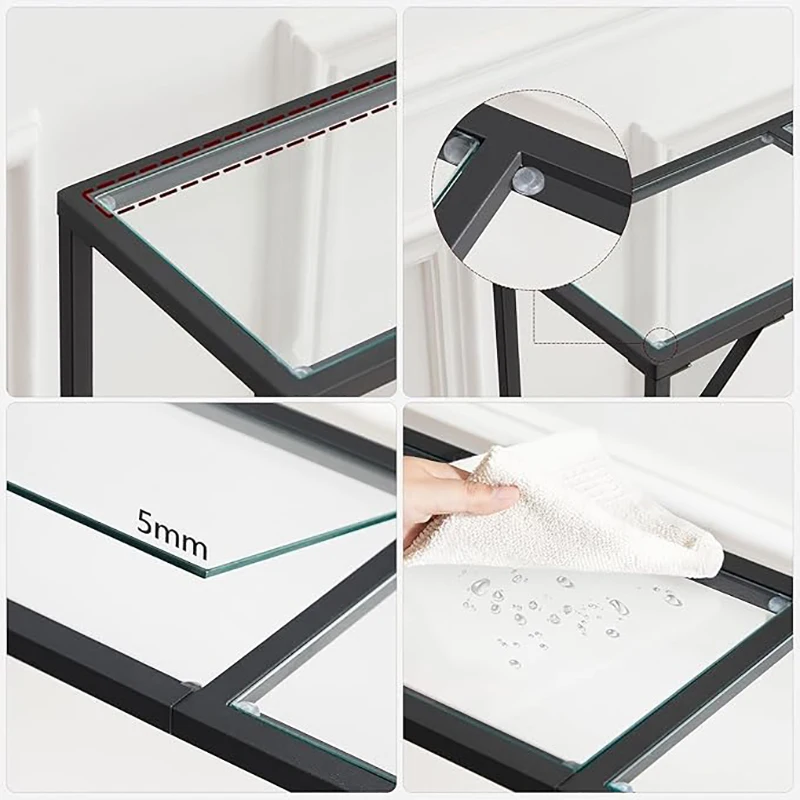 Modern Luxury Black Metal Frame Tempered Glass Console Table Narrow Sofa Side Table for Entrance, Living Room, Hallway