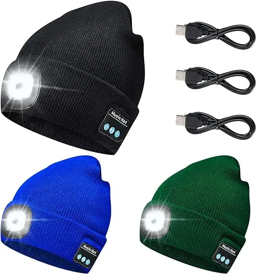 LED Lighted Flashlight Beanie Music Hat with Headphones and Stereo Speakers