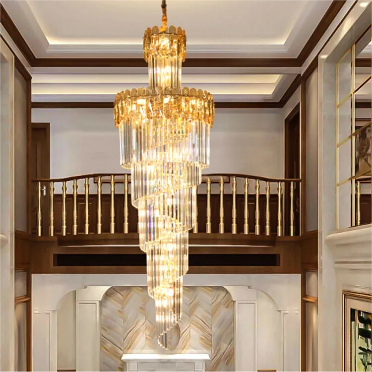 Modern luxury indoor gold large round stairwell stair lighting crystal chandeliers pendant lights for hotel lobby staircase