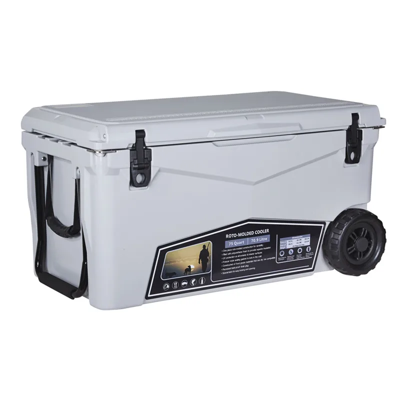 new design 70qt with wheels camping and fishing water rotomolded ice chest cooler box, cool box with bottle opener