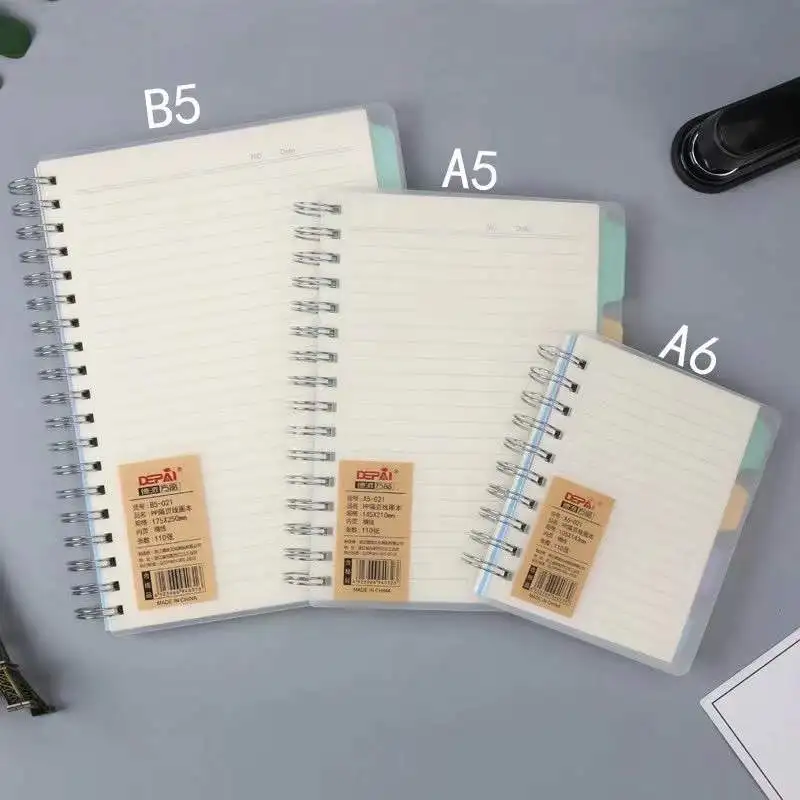 A5 B5 A6 Diary notebook with PP material cover and classification label, spiral coil, student office supplies