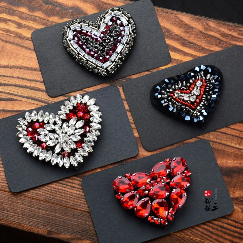Custom brand logo design fashion cross handmade black red heart applique heart crystal rhinestone patch for shoes