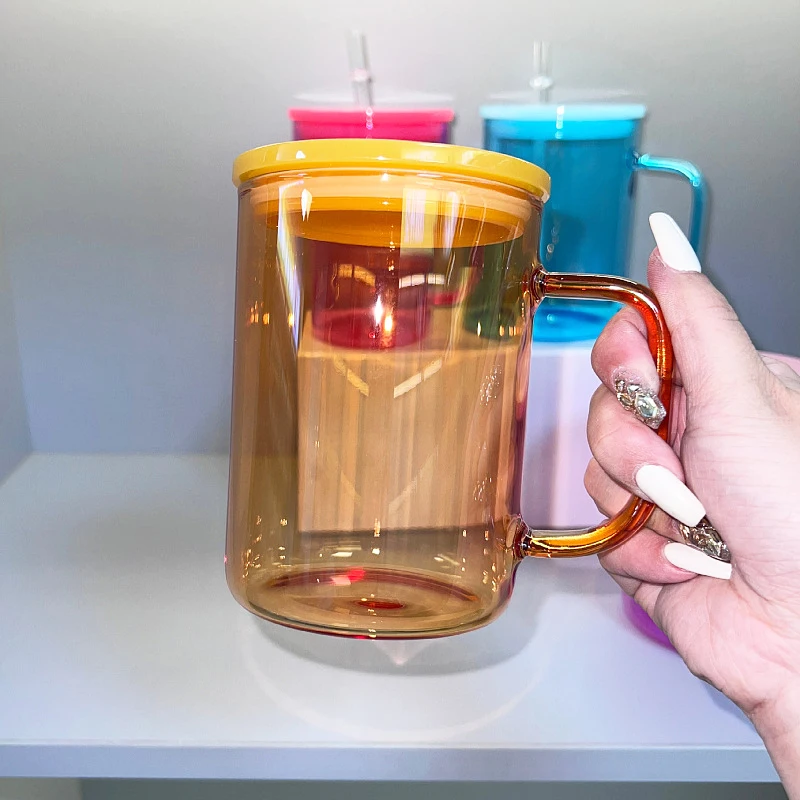 17oz Transparent Colored Candy Jelly Clear Borosilicate Glass Mugs  with Colorful Plastic Lid