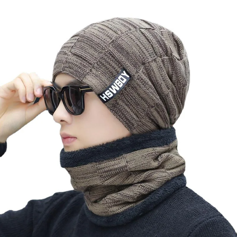 H30 Men Thick Wool Neck Scarf Cap Bonnet Hats Sets Winter Beanie Hat Men Knitted Ski Caps Winter Cap Beanie