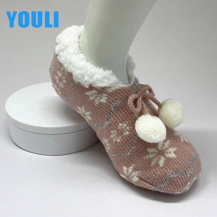 Зимние женские толстые домашние туфли, бархатные плюшевые кашемировые Рождественские снежинки, домашние тапочки с люрексом и бантом, теплые носки для пола