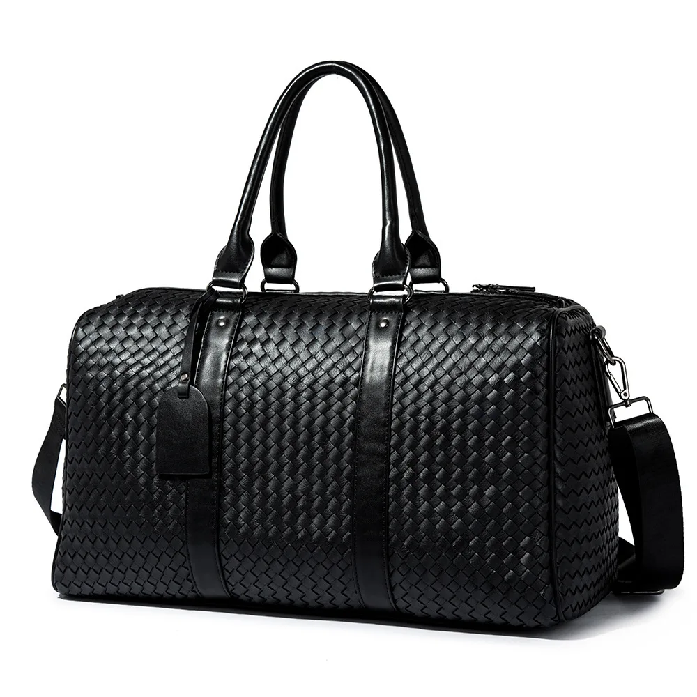 Fashion luggage bag woven PU leather black travel duffel bag for unisex duffel bags