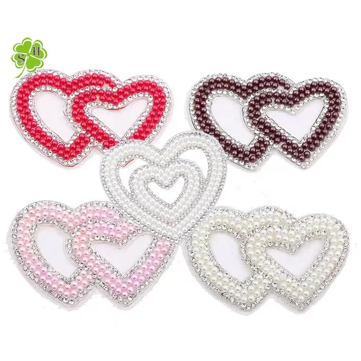 Double Heart Exquisite Rhinestone  Heat Transfers For Clothes  Colorful Heart Bead Hearts iron on patch  for T-shirt Bag