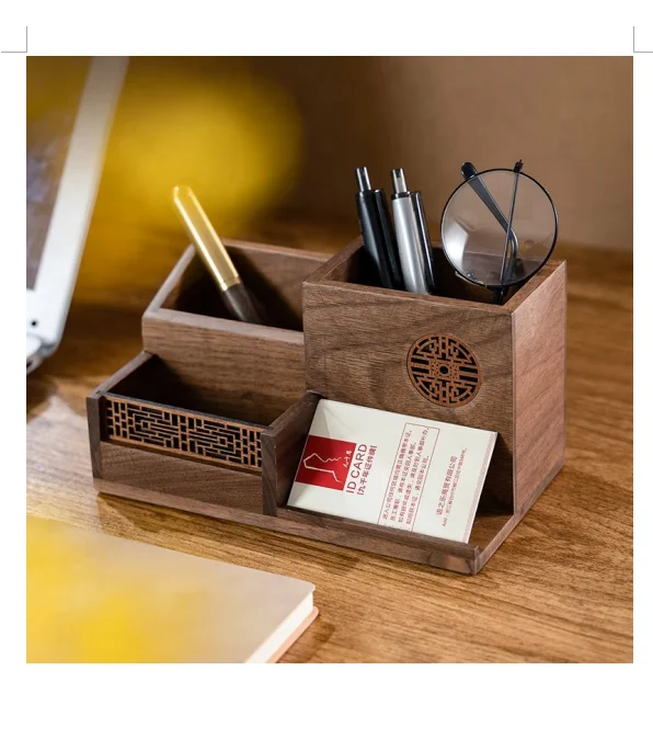 Wooden Multifunctional Desk Organizer Pen Holder Storage Box Container Custom Pen Holder Organizer Case