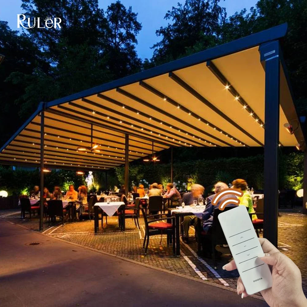 Motorized Waterproof PVC Roof Canopy Patio Roof Awning Retractable Pergola With Led Strip Lights