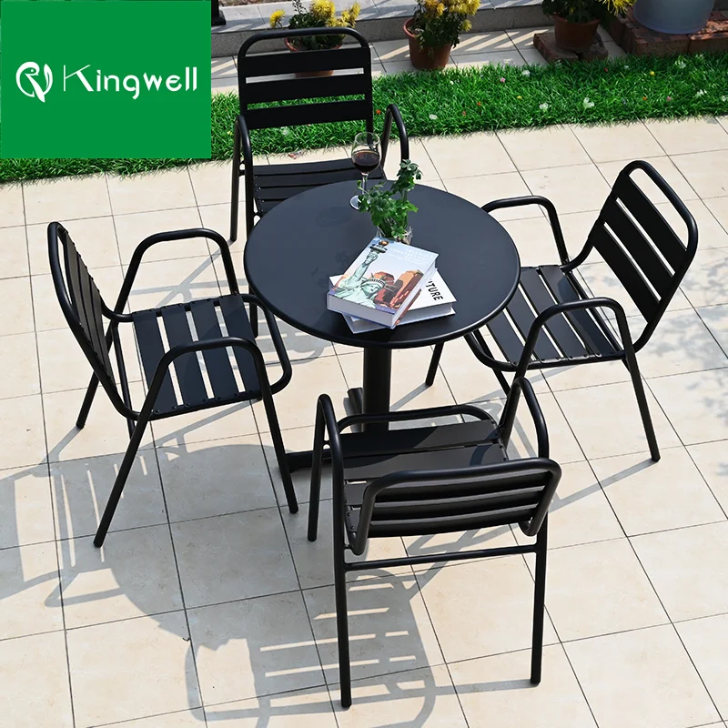 Wholesale price aluminum outdoor furniture balcony patio coffee shop stackable chair round dining table and 4 chairs set