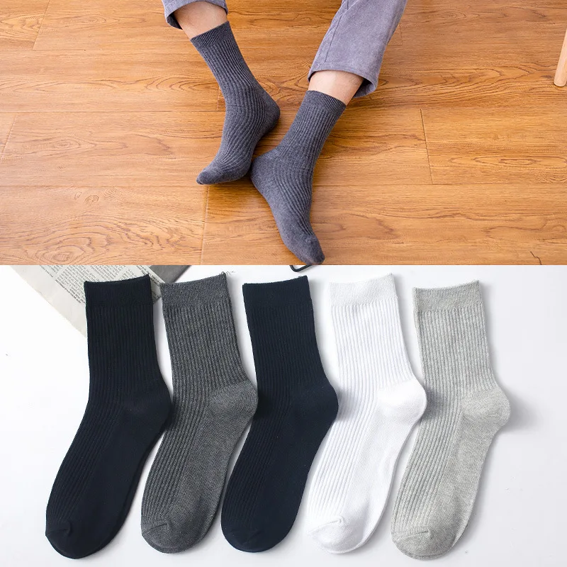 Jingwen OEM mid-calf socks pure cotton solid color men striped long-calf business socks