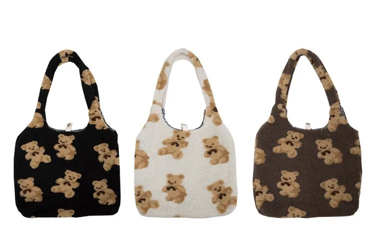 Women Girls Cute Bear Plush Shoulder Bag Large Tote Handbag Purse Faux Fur Shopping Dating Bag