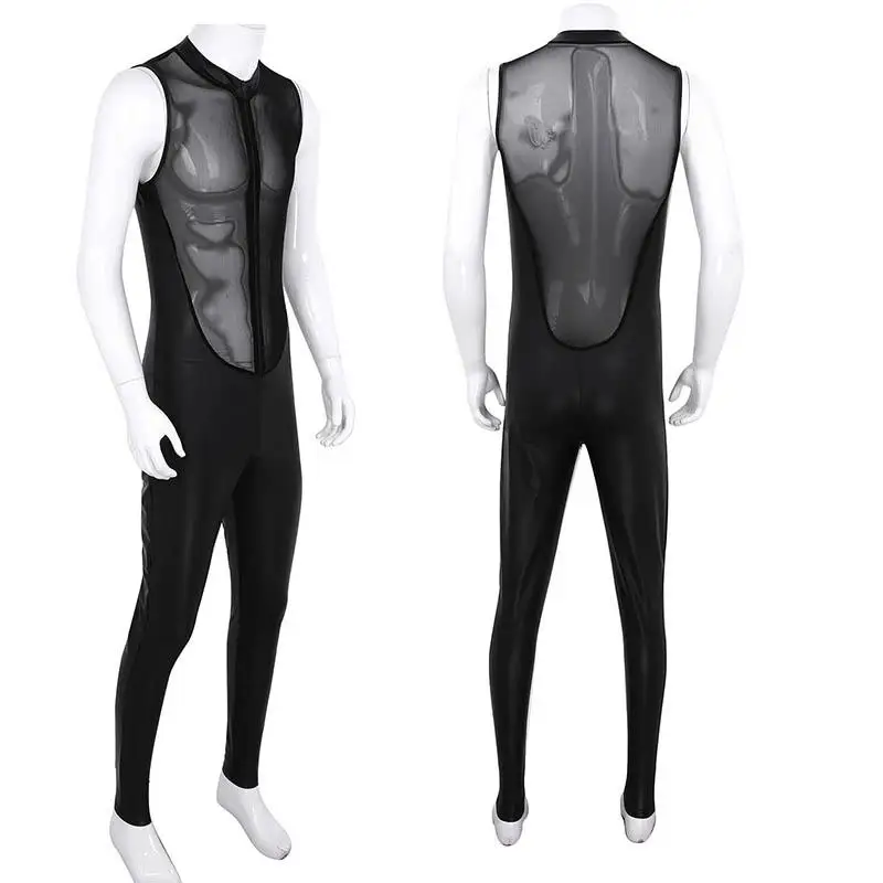  Cheap Male Shiny Patent Bodysuit Full Body Mens Black Double Zipper Leotard Jumpsuit