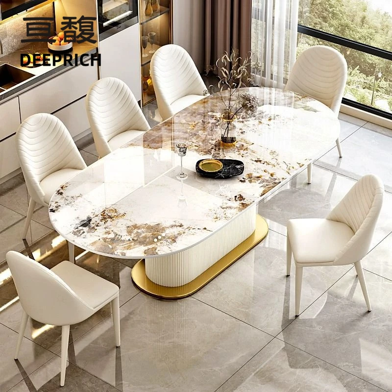 HQ0335 DEEPRICH rock splate table and steel base dining table and chair pure white oval home restaurant dining table chair set