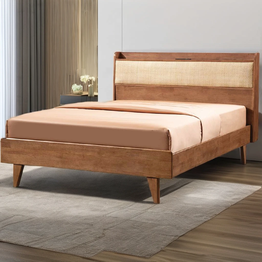 Rattan woven solid wood bed Frame Cheap Indoor Bedroom Furniture King Queen Double Soft Bunk Bed Natural Finish Color