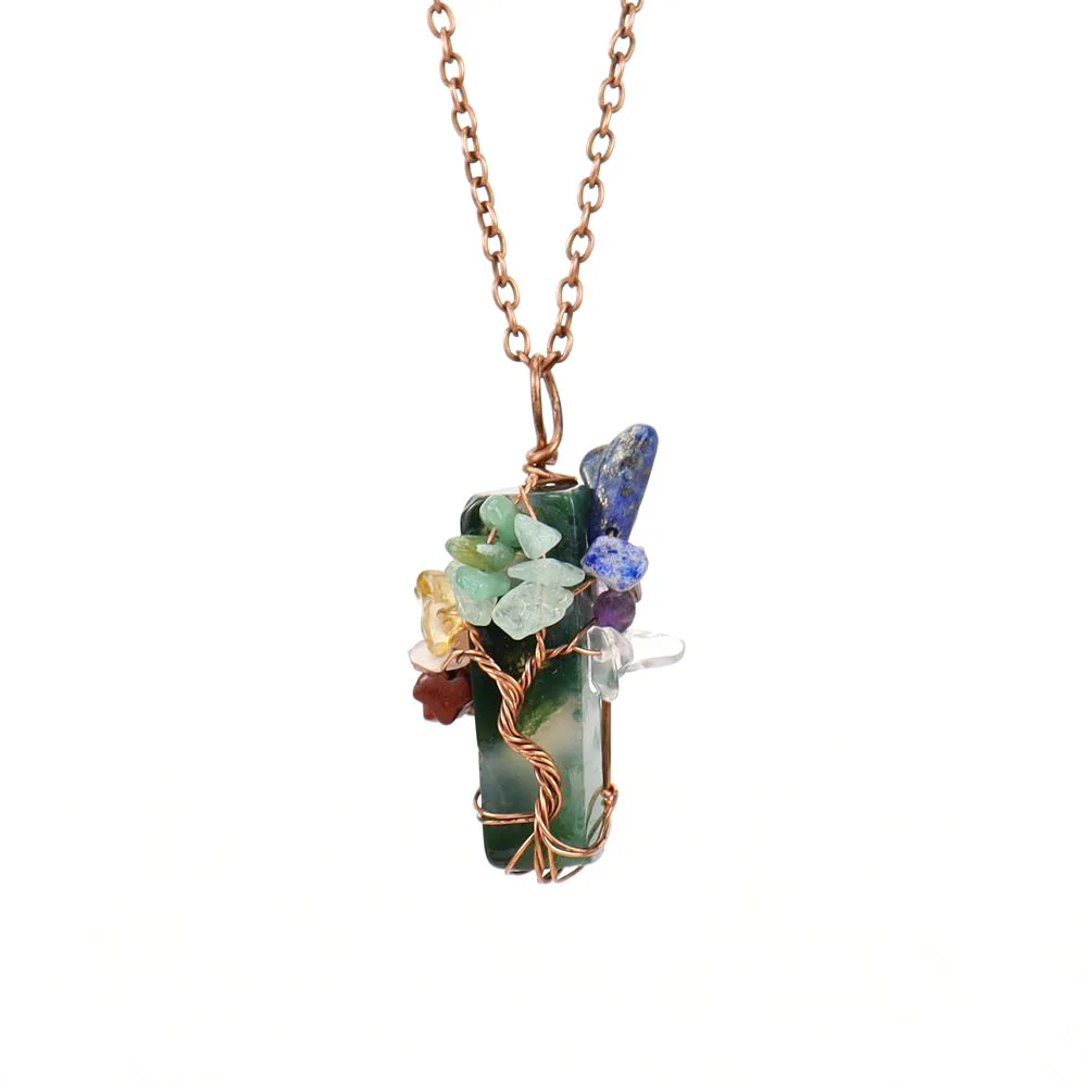 CELION Natural Chakra Tree of Life Wire Wrapped Clear Quartz Healing Crystal Column Six Prisms Gemstone Necklaces