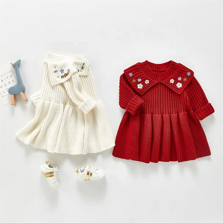 Wholesale Girl 100% Cotton Knitted Long Sleeve Baby Girl Dress Beautiful Solid Color Embroidery Flower Princess Dress OEM ODM