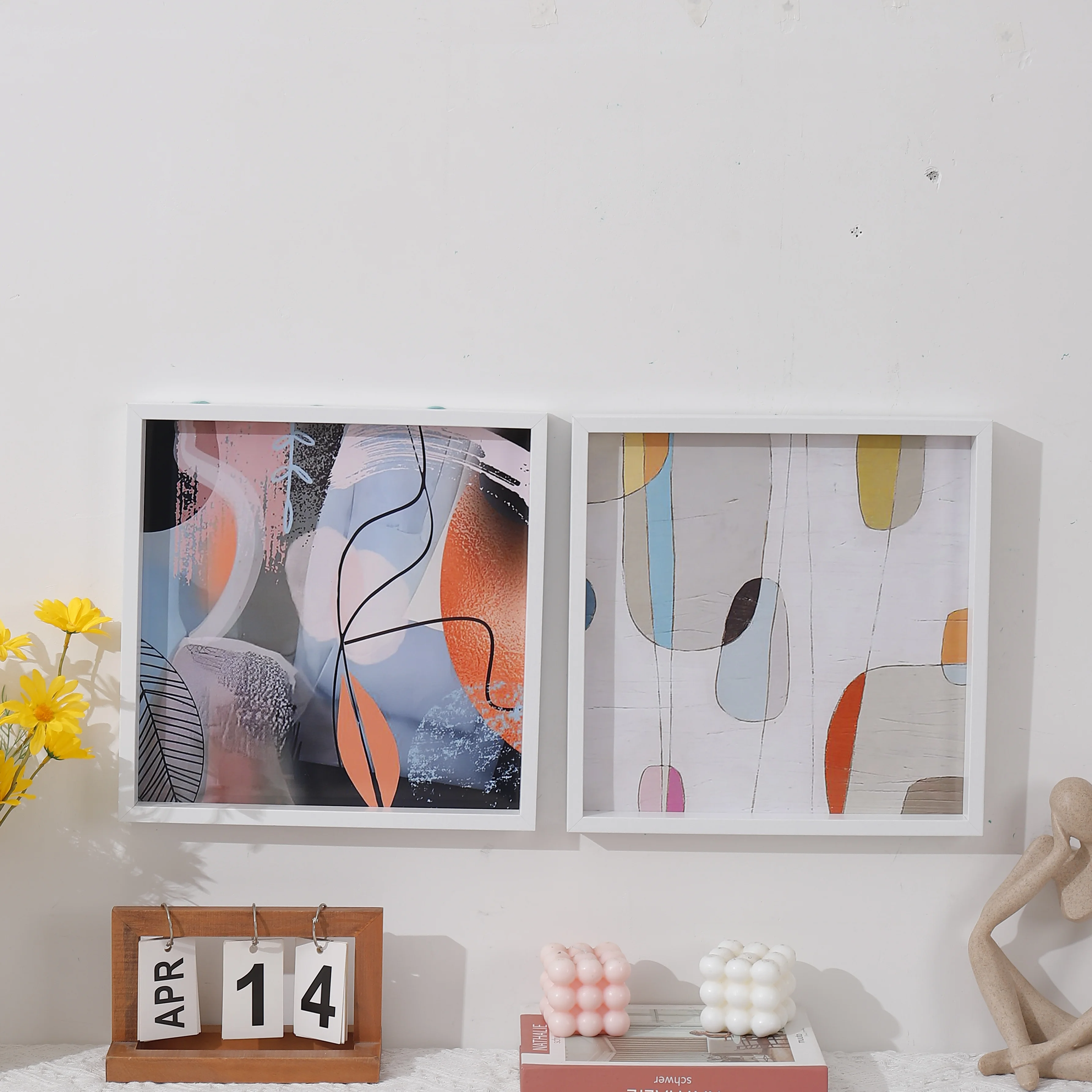 1PC Wood Photo Frame - Abstract Color Block Small Art Modern Simple Home Hanging Pictures square Living Room Murals