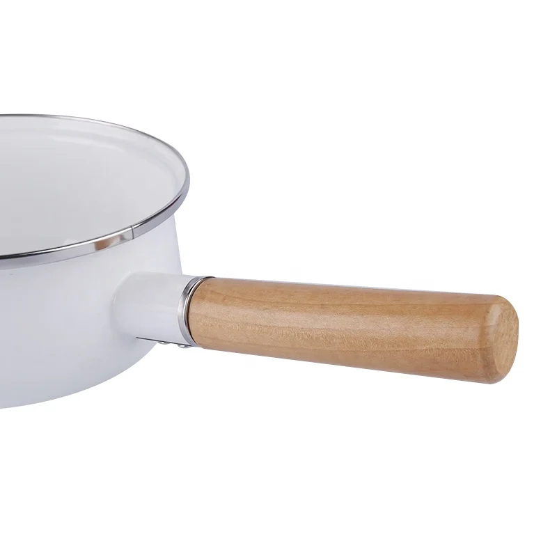 European eco white emamel milk pan coated metal cookware kitchen saucepans with single wooden handle
