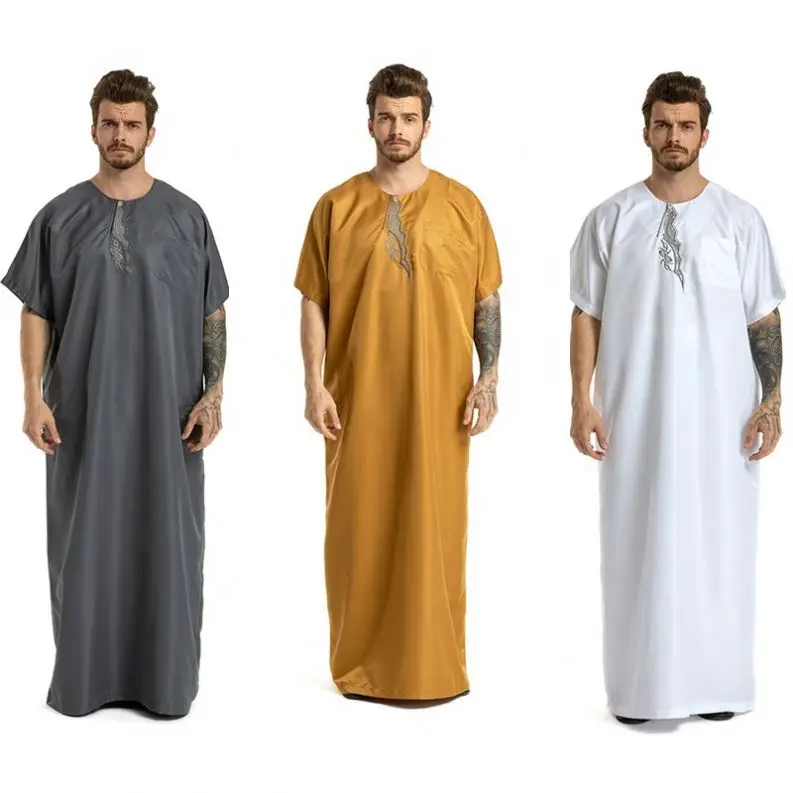
Men Kaftan Jilbab Arbric Jubba Muslin Short Sleeves Clothes Abaya Thobe 