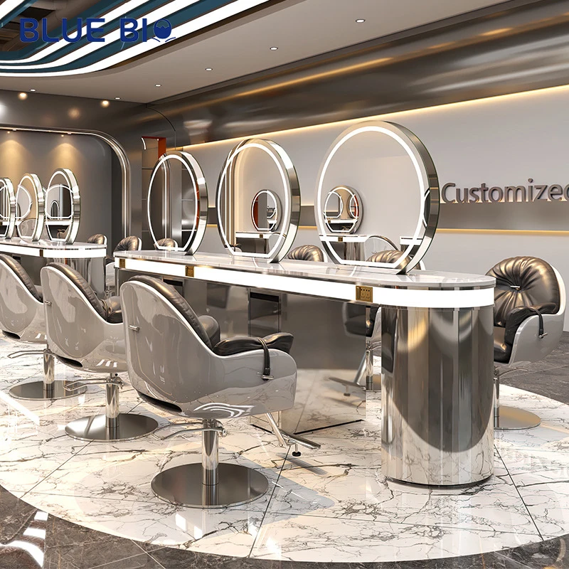 Barbershop Six Sided Six Seats Hairdressing Mirror Station Makeup Mirrors Hair Styling Station Beauty Salon Equipment
