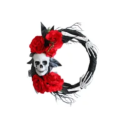Halloween Skeleton 16 Inch Red Rose Ghost Handmade Garland Halloween Festival Party Venue Scary Props Decorated Rattan Wreath