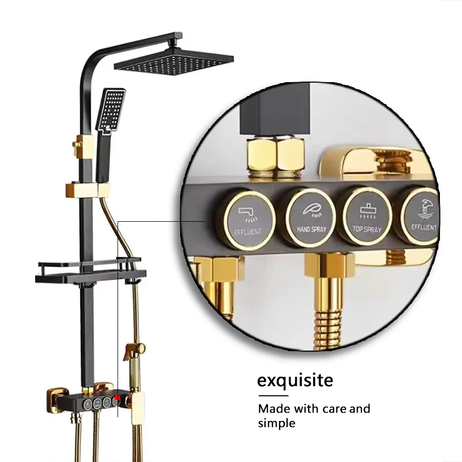 Kahnos Thermostatic Bathroom Shower System Black Gold Brass 4-Keys Bathtub Mixer Faucet Shower Set with Jet Rainfall Spray Panel