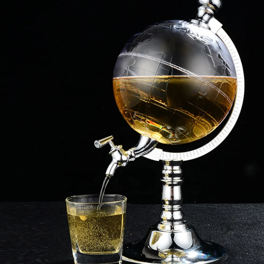 Dispenser Jar with Tap for Water Tea Juice Beer whiskey globe decanter with metal base