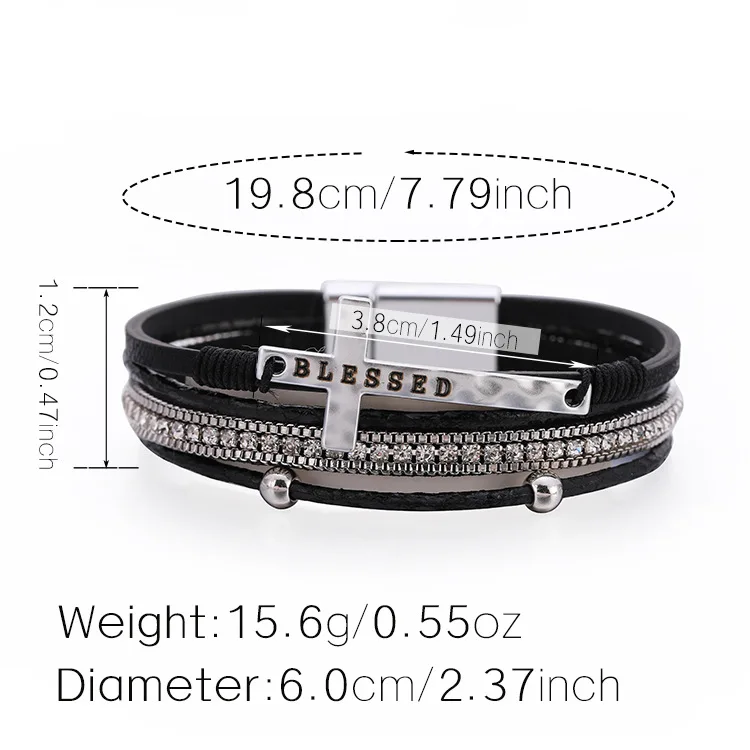2021 New Sparking Rhinestone Crystal Cross Leather Bracelet High Quality Metal Blessed Letter For Men