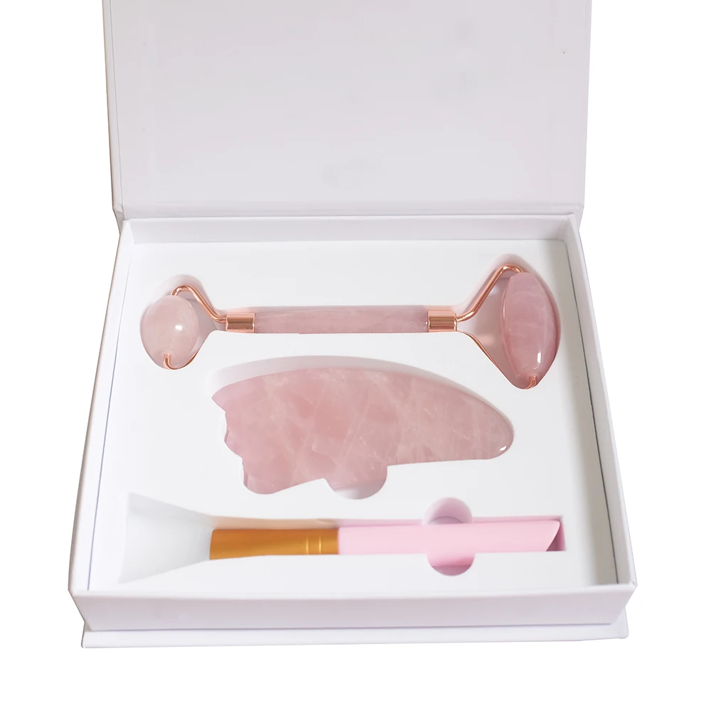 Rose Quartz Roller and Guasha with mask brush set for facial skin care tools
