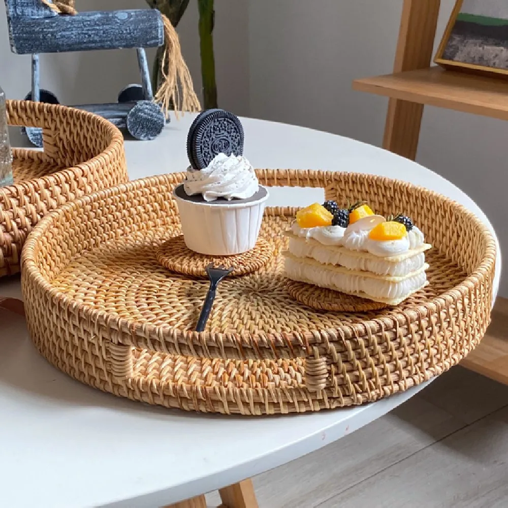 Handmade Round Table Storage Dining Table Decor Basket Kitchen Wicker Rattan Trays With Handles