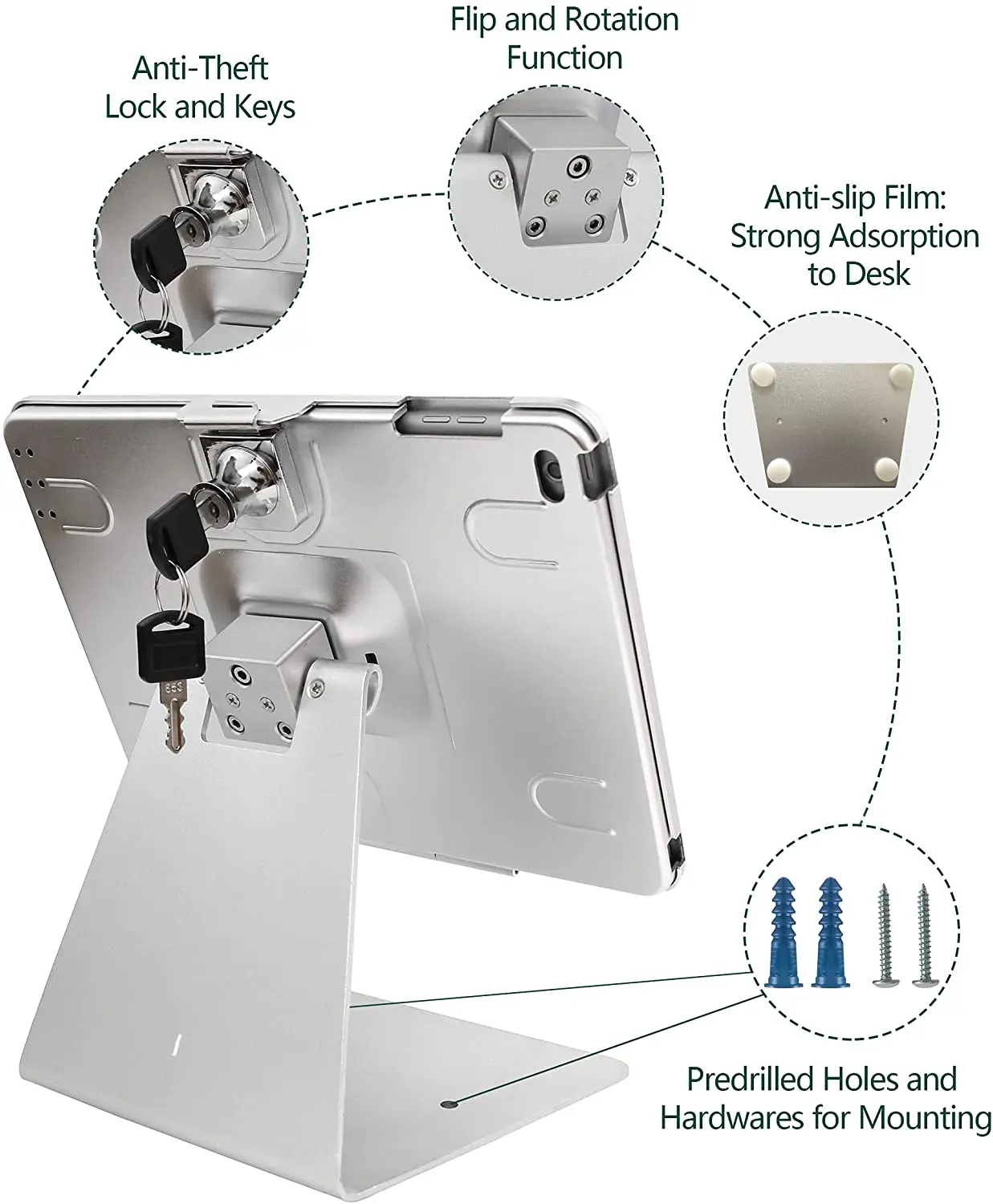 Aluminium adjustable 360 rotating security counter tablet pos stand metal anti theft mount holder with lock for ipad
